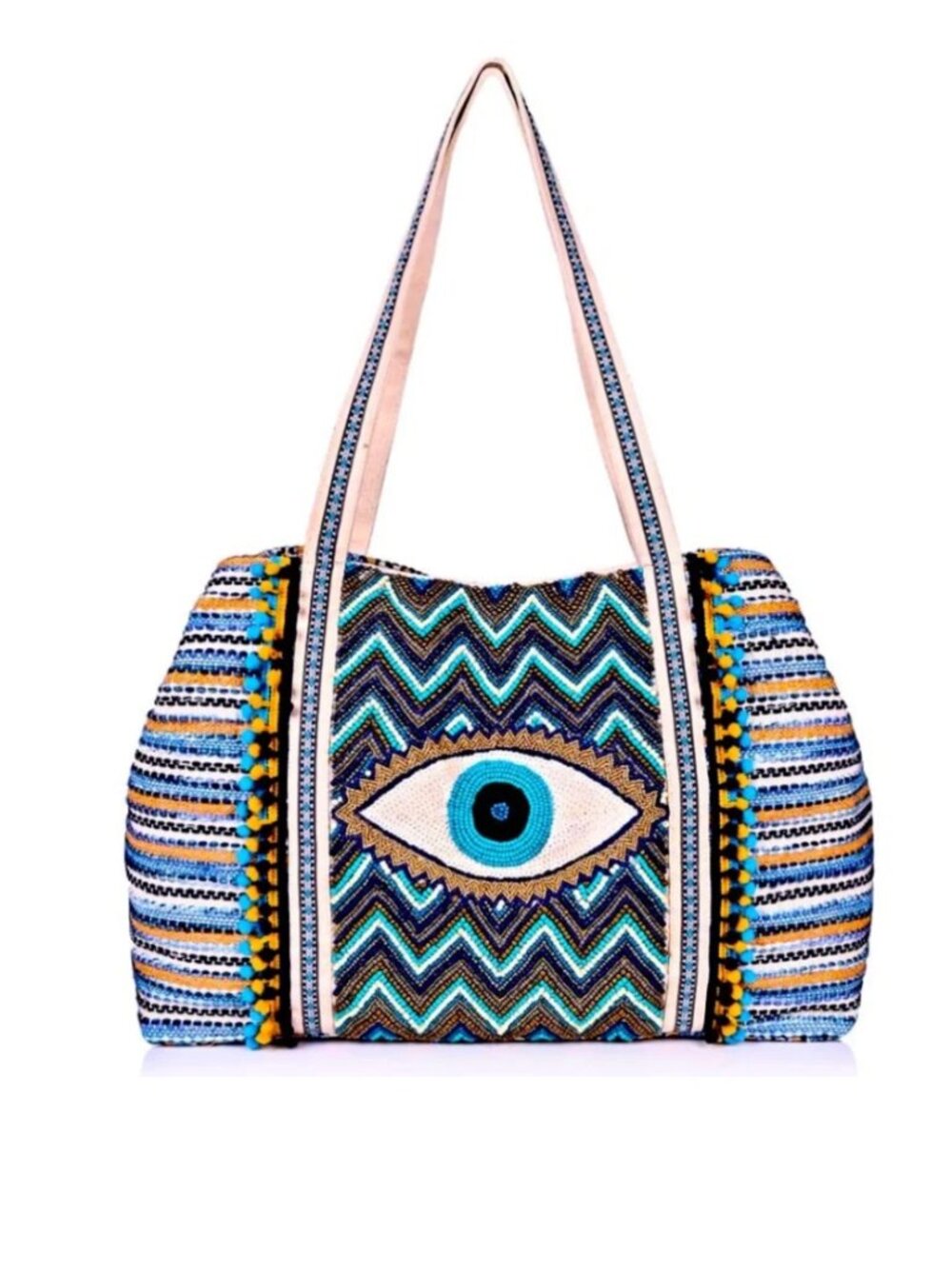 America & Beyond Grecian Nights Evil Eye Beaded Sequin Tote Bag Pom Poms  NWT